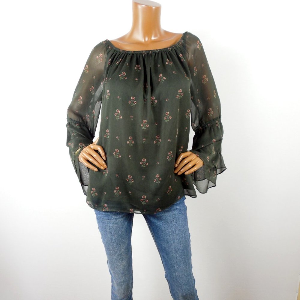 WHITE HOUSE BLACK MARKET Top L Green Blouse Party Lined Long Sheer Flared Sleeve - Picture 3 of 9